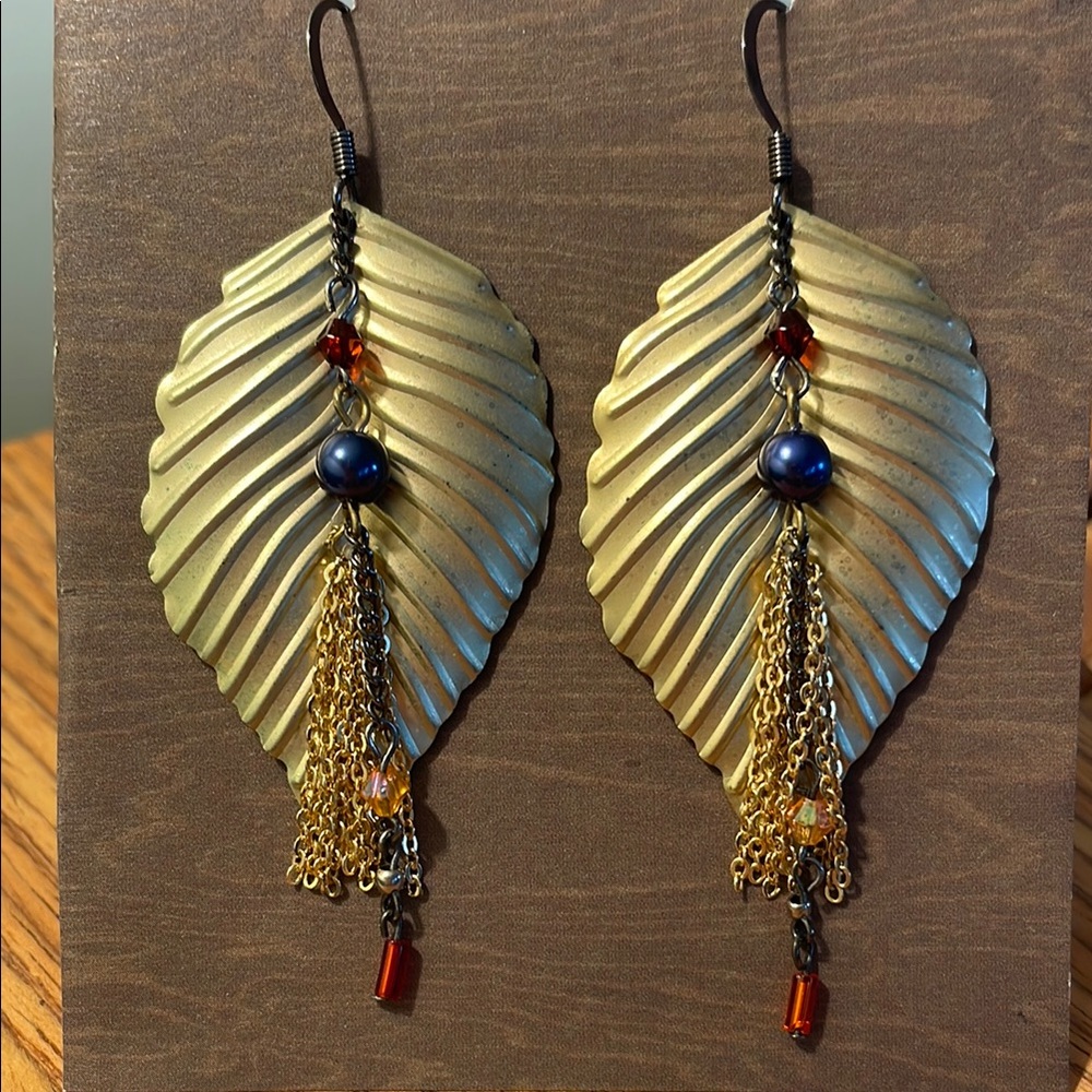 Gold Leaf Earrings with Blue and Red Accents